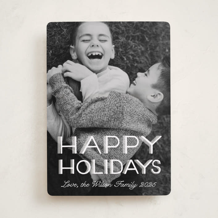"Happy Holidays Retro Lettering" - Holiday Cards in Snow by Becky Nimoy - Front