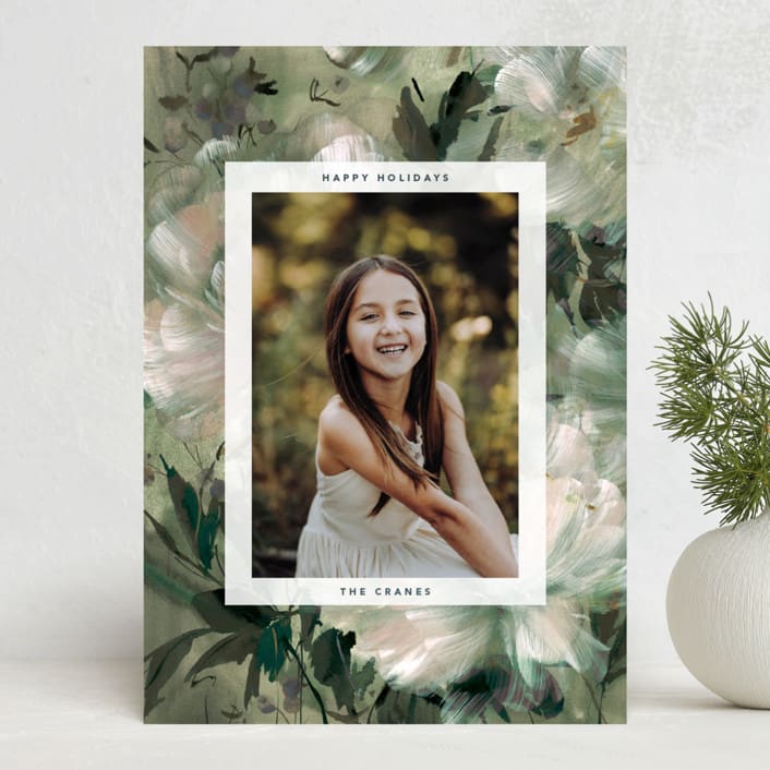 "Winter Peonies" - Holiday Cards in Wintergreen by Kelly Ventura - Front