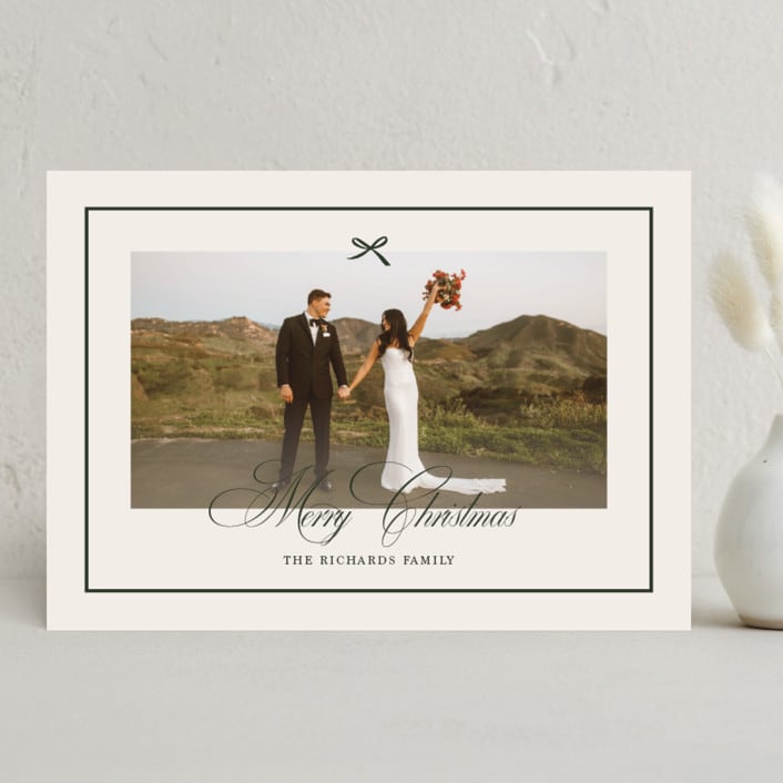 "Elegant Bow Holiday" - Holiday Cards in Evergreen by Chelsea Petaja - Front