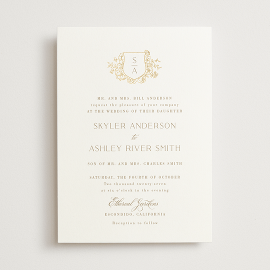 "floral crest" - Wedding Invitations in Champagne by Cass Loh - Front