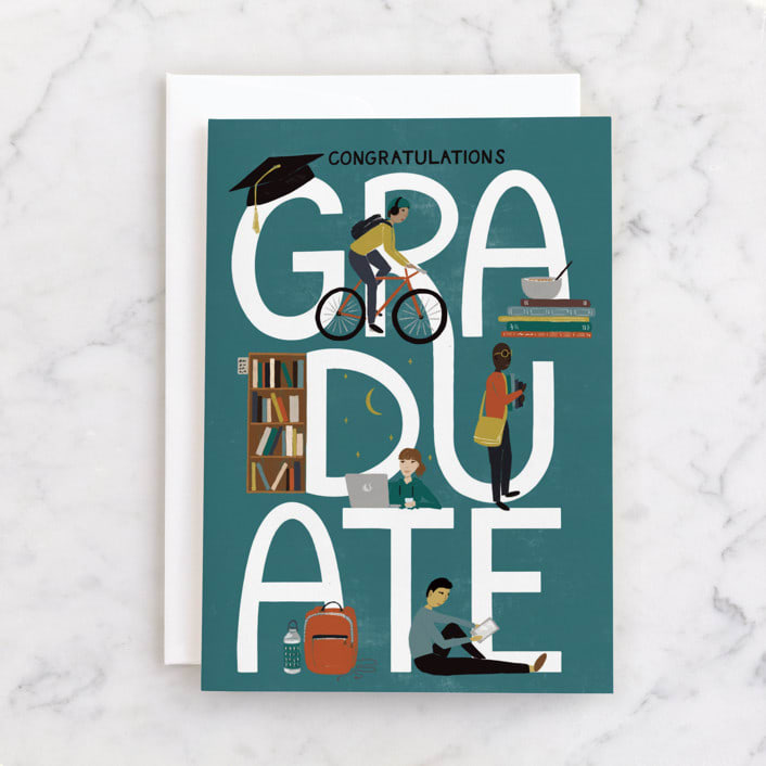 "Graduation Icons" - Single Greeting Cards in Teal by Shiny Penny Studio - Front