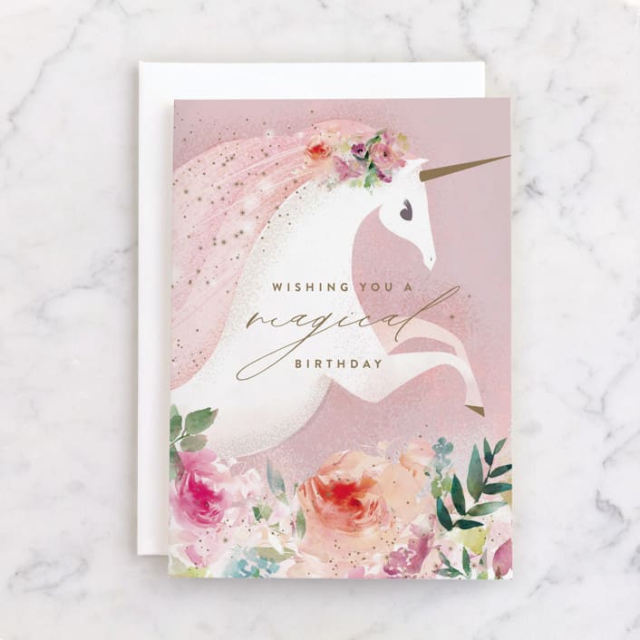 "Unicorn Dream" - Single Greeting Cards in Blush by Lori Wemple - Front