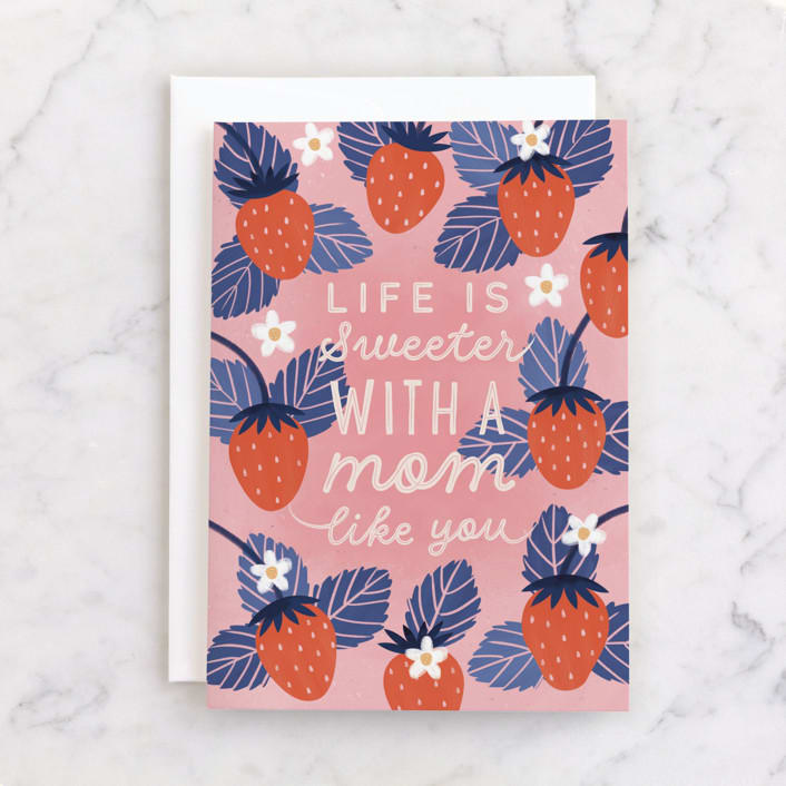 "Strawberry love mom" - Single Greeting Cards in Blush by Sabrin Deirani - Front