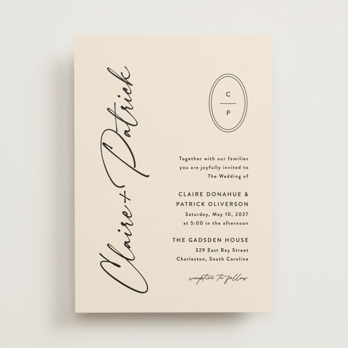 "Script and Monogram" - Wedding Invitations in Sand by Carolyn MacLaren - Front