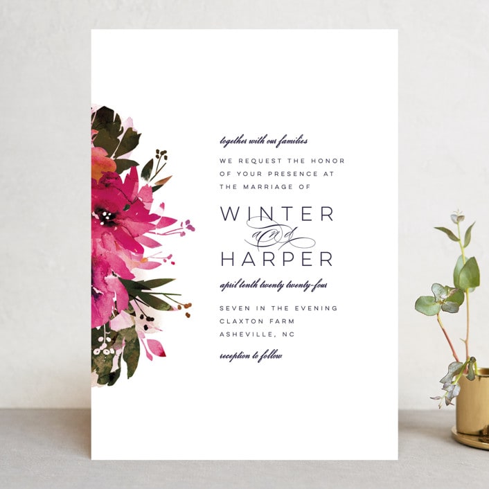 "Peeking Florals" - Wedding Invitations in Fuchsia by Lori Wemple - Front