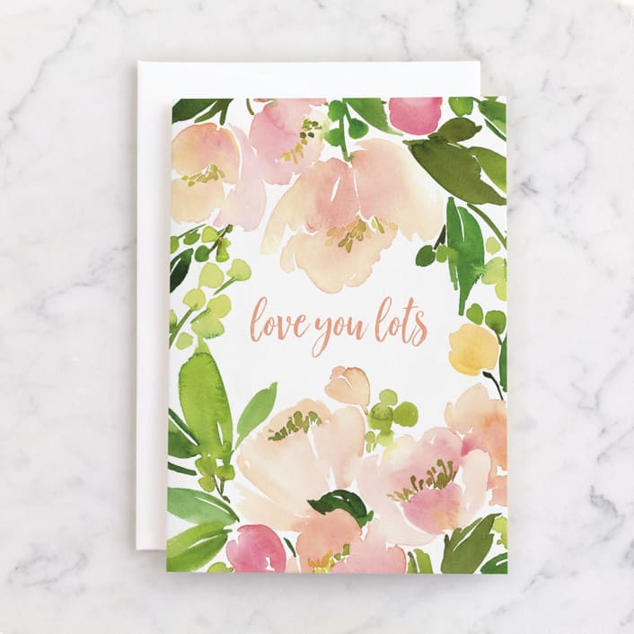 "Peach Floral Watercolor" - Single Greeting Cards in Blush by Yao Cheng Design - Front