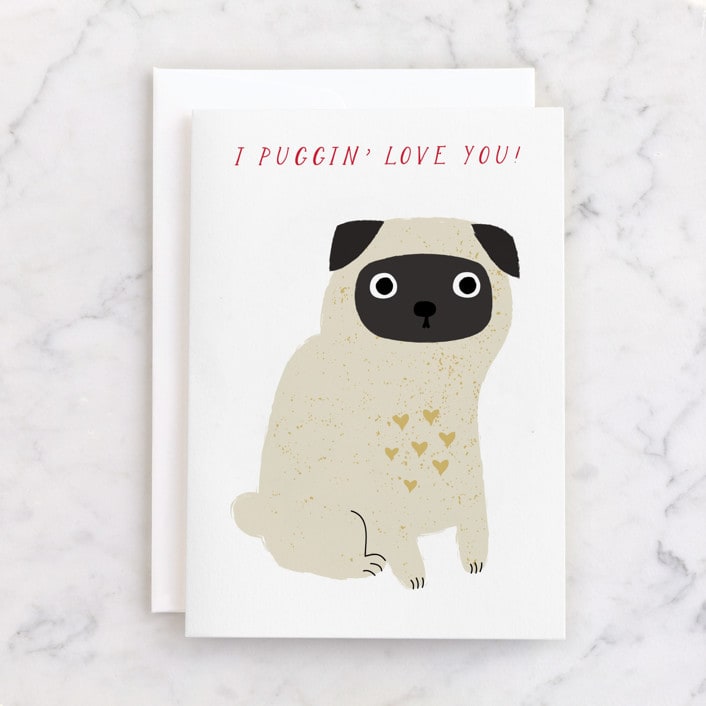 "Puggin' Love You" - Single Greeting Cards in Cream by Angela Thompson - Front