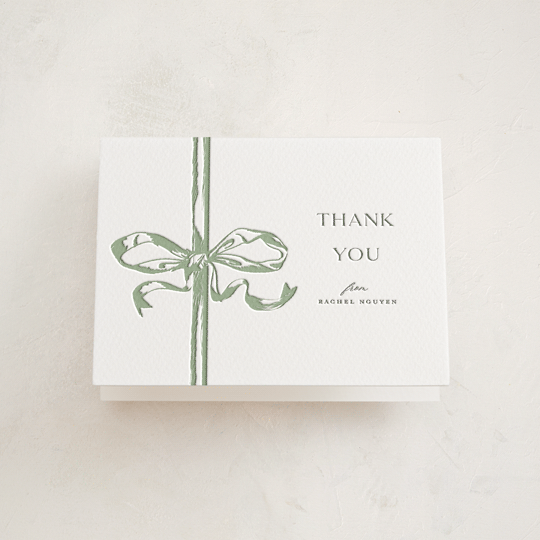 "Big Bow" - Letterpress Baby Shower Thank You Cards in Mint by Teju Reval - Front