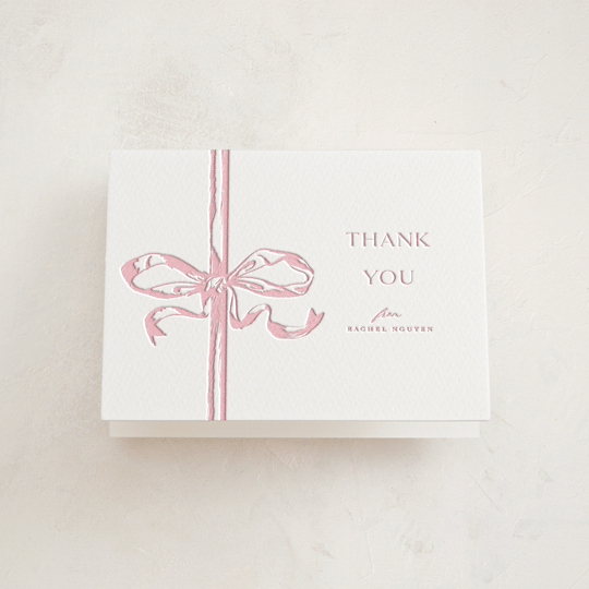 "Big Bow" - Letterpress Baby Shower Thank You Cards in Classic Pink by Teju Reval - Front