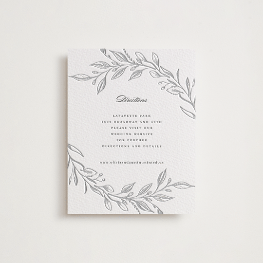 "Verdure Couronne" - Letterpress Direction Cards in Matte Silver | Pewter by Susan Moyal - Front