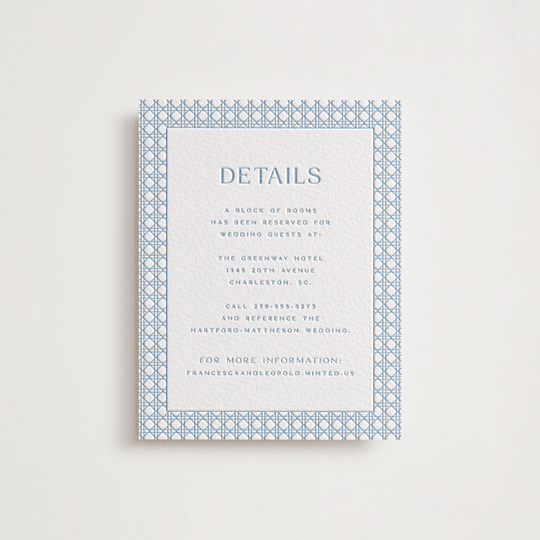"delicate rattan" - Letterpress Direction Cards in Sky Blue by Ellen Schlegelmilch - Front