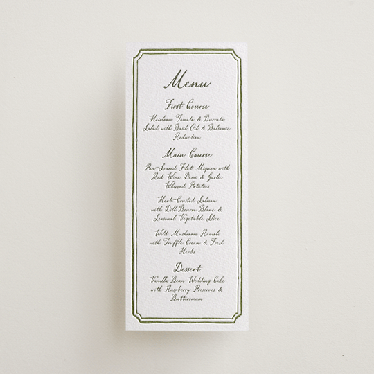 "Handwritten" - Letterpress Menus in Moss by Cass Loh - Front
