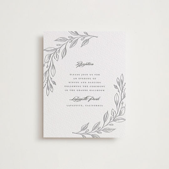 "Verdure Couronne" - Letterpress Reception Cards in Matte Silver | Pewter by Susan Moyal - Front