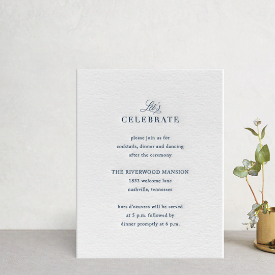 "Modern Monogram" - Letterpress Reception Cards in Indigo by Jennifer Postorino - Front