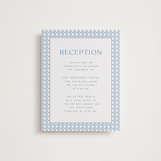 "delicate rattan" - Letterpress Reception Cards in Sky Blue by Ellen Schlegelmilch - Front