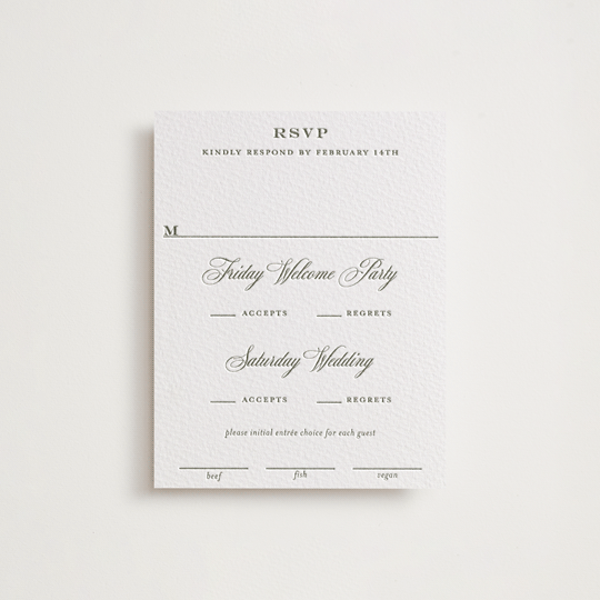 "Putnam" - Letterpress Multi-Event RSVP Cards in Moss by Megan Davis - Front