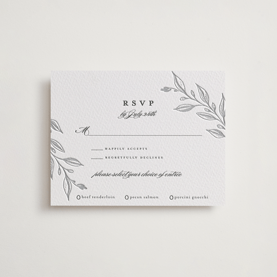 "Verdure Couronne" - Letterpress RSVP Cards in Matte Silver | Pewter by Susan Moyal - Front