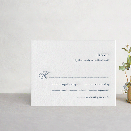 "Modern Monogram" - Letterpress RSVP Cards in Indigo by Jennifer Postorino - Front