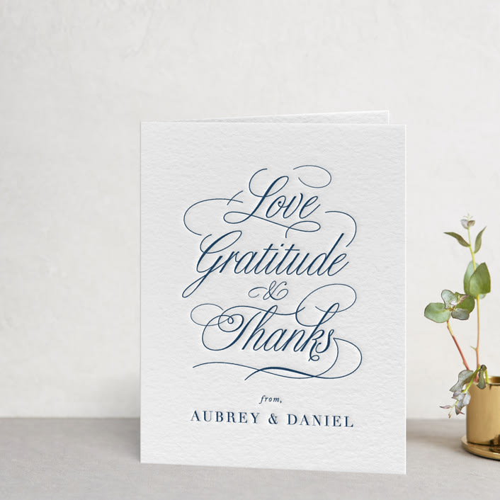 "Modern Monogram" - Letterpress Wedding Thank You Cards in Indigo by Jennifer Postorino - Front