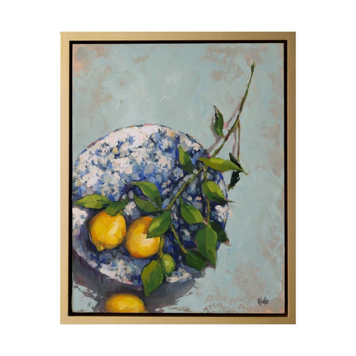 "Lemons on a Plate" - Original Painting in blue by Wendy Keller