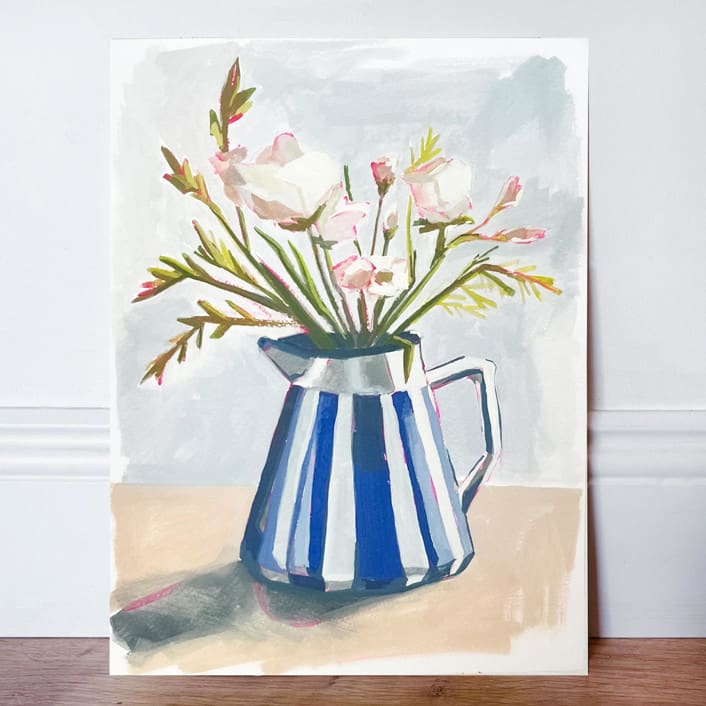 "Striped Vase 02 Original Gouache Painting" - Original Painting in blue by Lucrecia Caporale