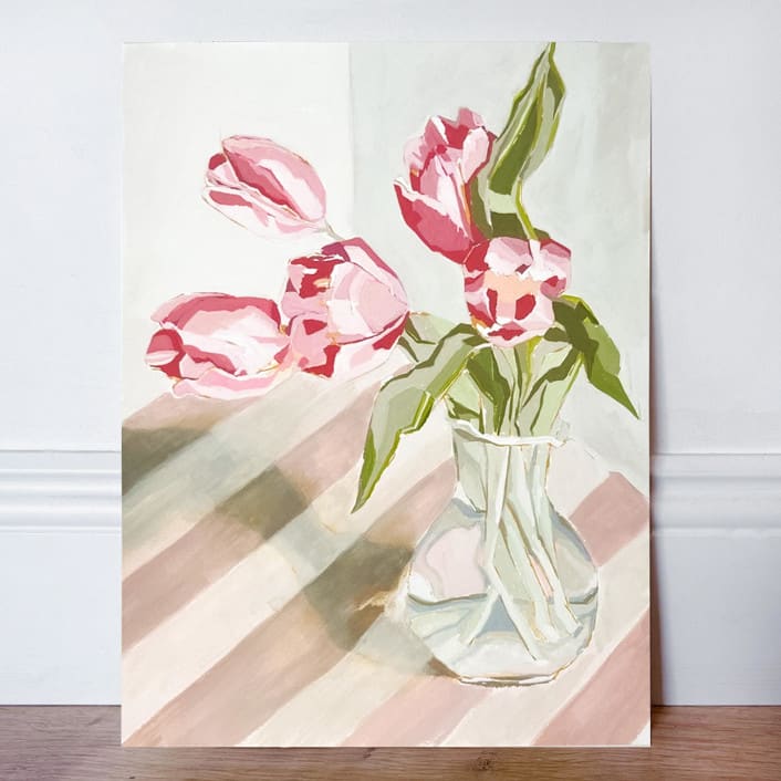 "Fresh Tulips in a Vase Original Gouache painting" - Original Painting in pink by Lucrecia Caporale