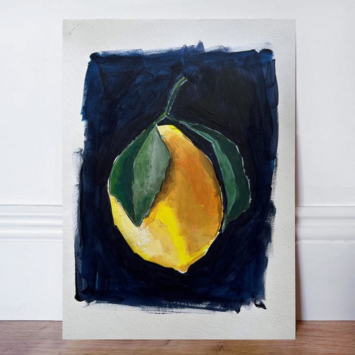 "Lemon in the dark original acrylic painting on paper" - Original Painting in yellow by Lucrecia Caporale
