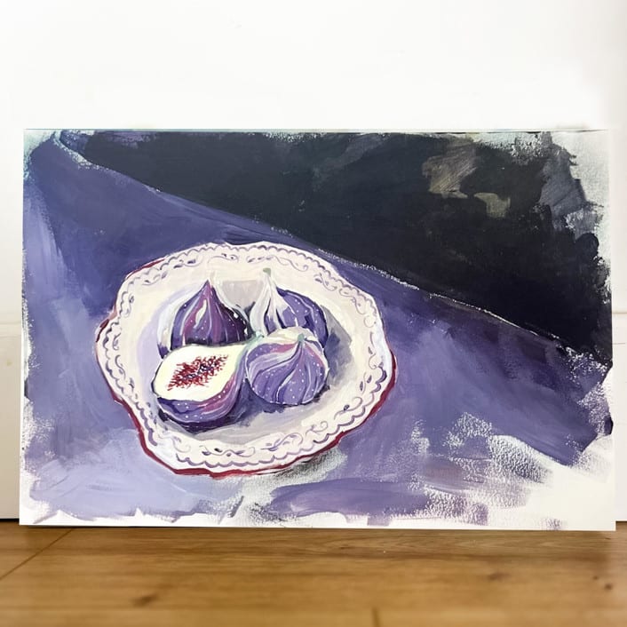 "Figs in a plate original acrylic painting on paper" - Original Painting in purple by Lucrecia Caporale