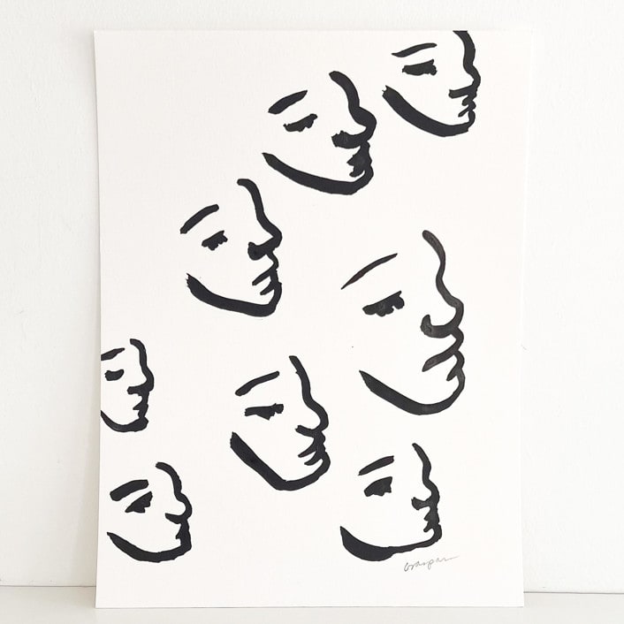 "Sumi Faces" - Original Painting in black by Mary Gaspar