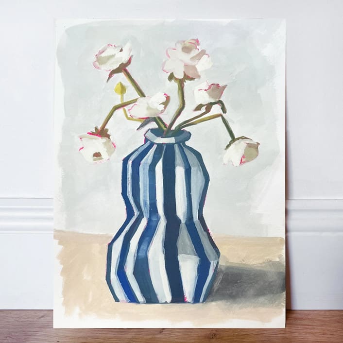"Striped Vase 01 Original Gouache Painting" - Original Painting in blue by Lucrecia Caporale