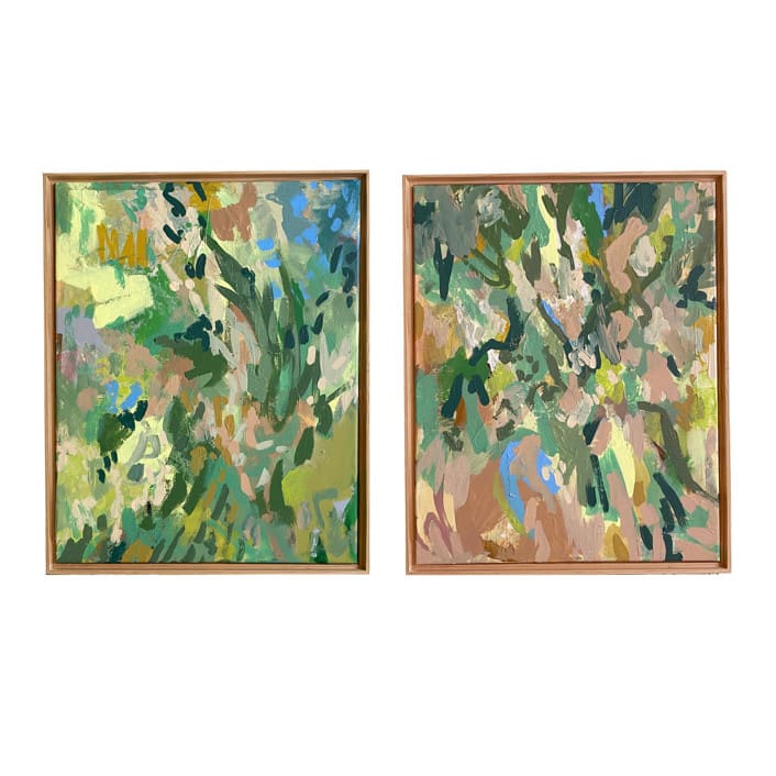 "Tea In The Garden Painting Pair" - Original Mixed Media in green by Jessalin Beutler