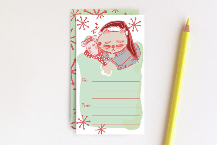 "Kitties As We Sleep Tag" - Stationery in Holly Red by Carole Crohan - CaroleeXpressions - Front