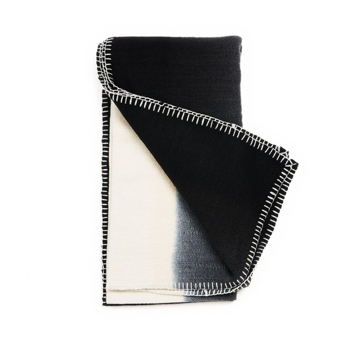 "Ink Black White Ombre Textured Throw In Hand Spun Merino And Hand Stitched Hem" - Blankets and Throws in black by Anjali Purohit