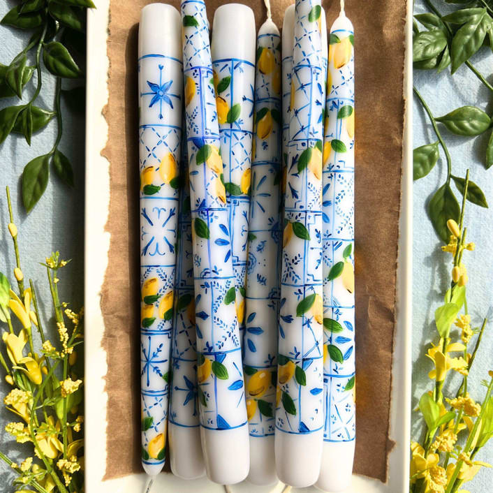 "Set of 2 Amalfi Italian Tile and Lemon Taper Candles" - Candles and Holders in white by Emily de Moraes