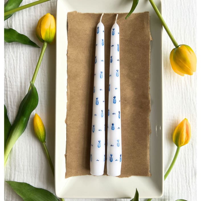 "Set of 2 Delft Tulip Hand-Painted Taper Candles" - Candles and Holders in white by Emily de Moraes
