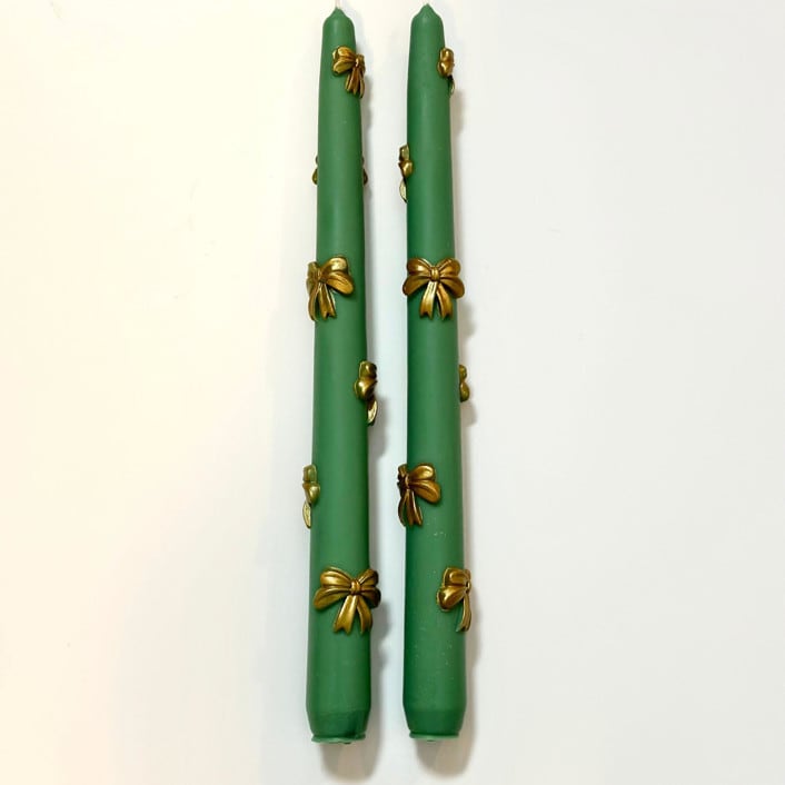 "Green And Gold Ribbons Taper Set" - Candles and Holders in multicolor by Over By The Moon