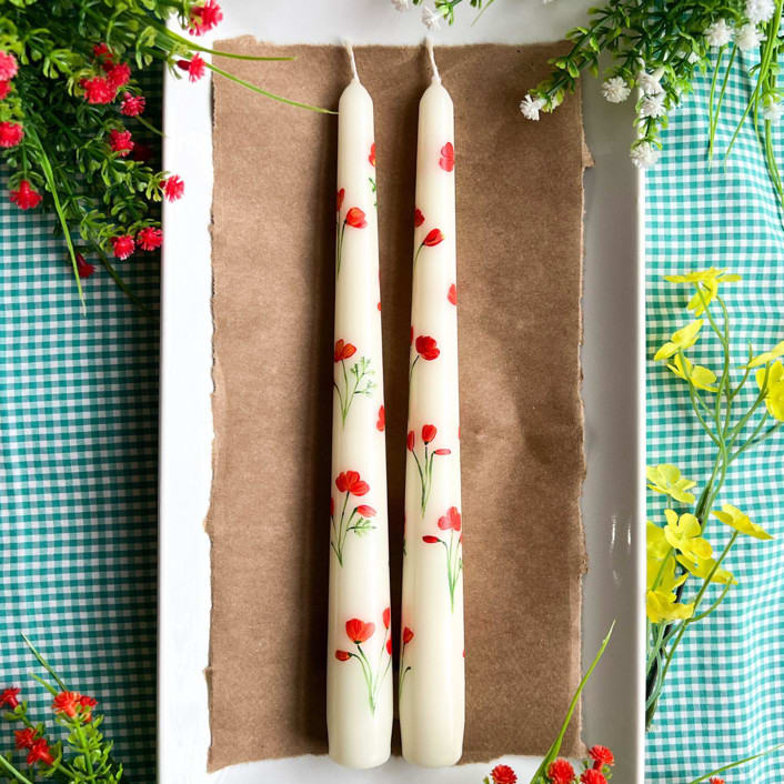 "Set of 2 California Poppy Hand-Painted Taper Candles" - Candles and Holders in beige by Emily de Moraes