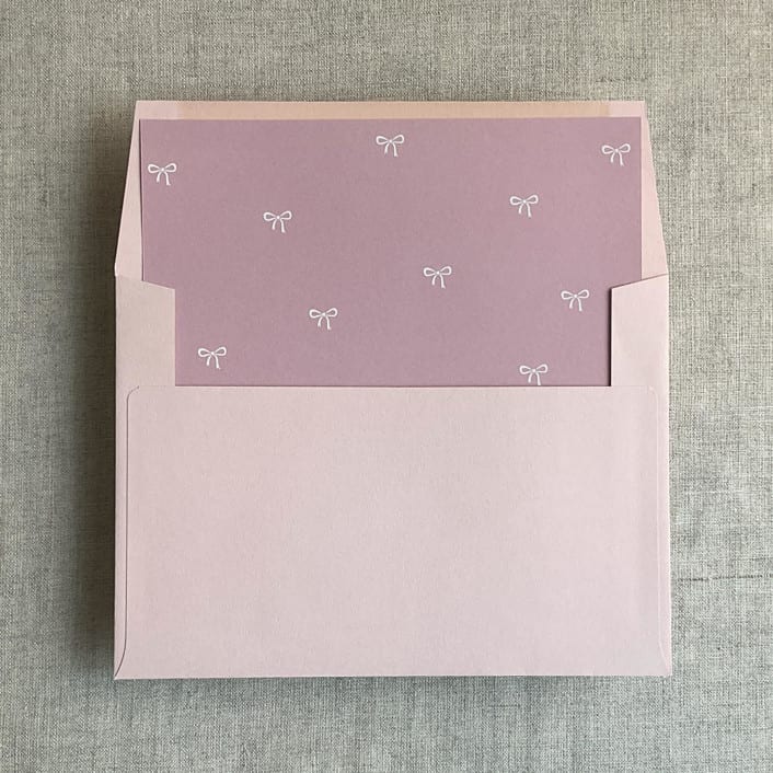 "Old rose baby ribbon bows envelope liner for A7 square flap envelope | pack of 10" - Envelope Liners in pink by Ivory Invitations