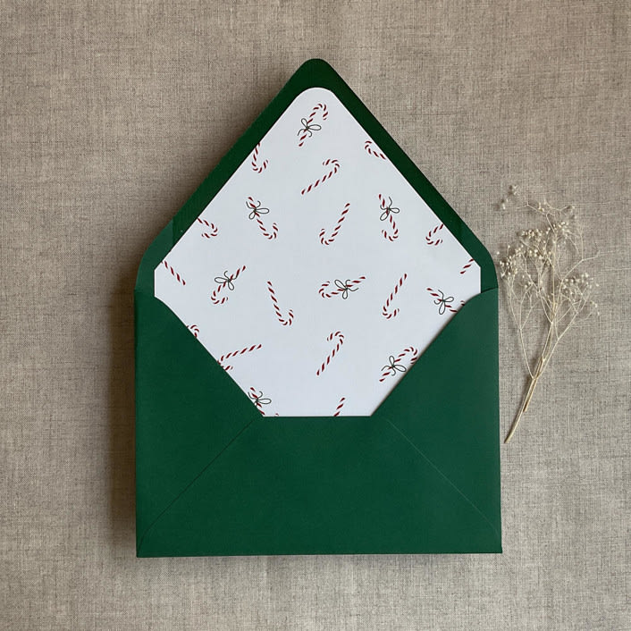 "Holiday candy cane printed printed envelope liner for A7 euro flap envelope  | pack of 10" - Envelope Liners in red by Ivory Invitations