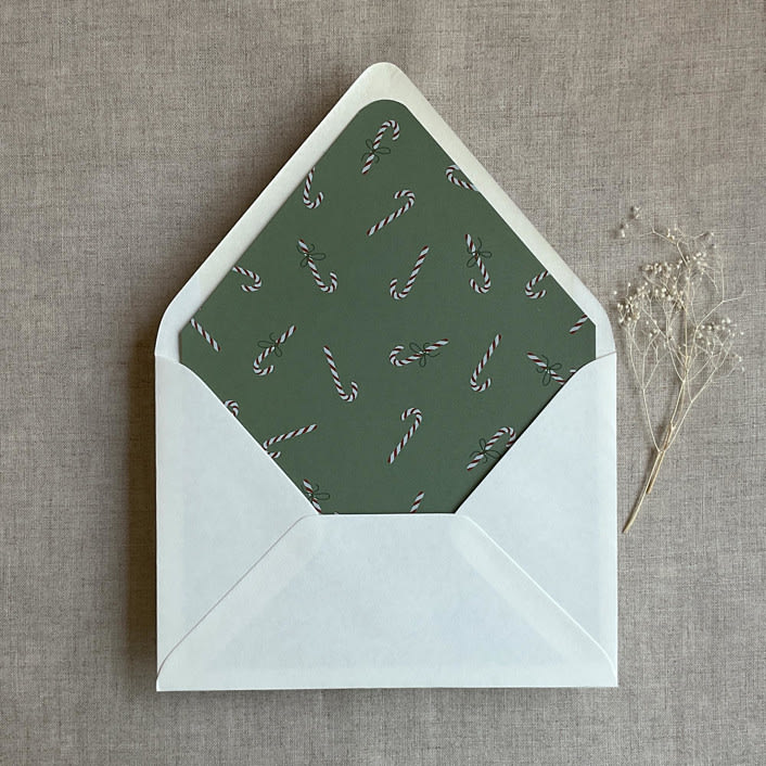 "Mid green holiday candy cane printed envelope liner for A7 euro flap envelope  | pack of 10" - Envelope Liners in green by Ivory Invitations