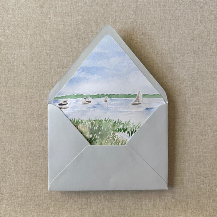 "New England Boats in Harbor Watercolor Euroflap Envelope Liner | Set of 10 | For 5x7” invitations" - Envelope Liners in multicolorassorted-colors by Cotton and Bow
