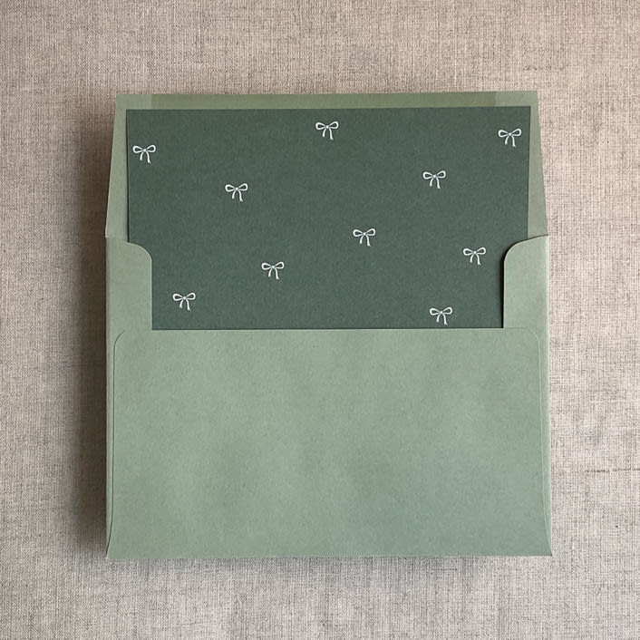 "Forest green baby ribbon bows envelope liner for A7 square flap envelope | pack of 10" - Envelope Liners in green by Ivory Invitations