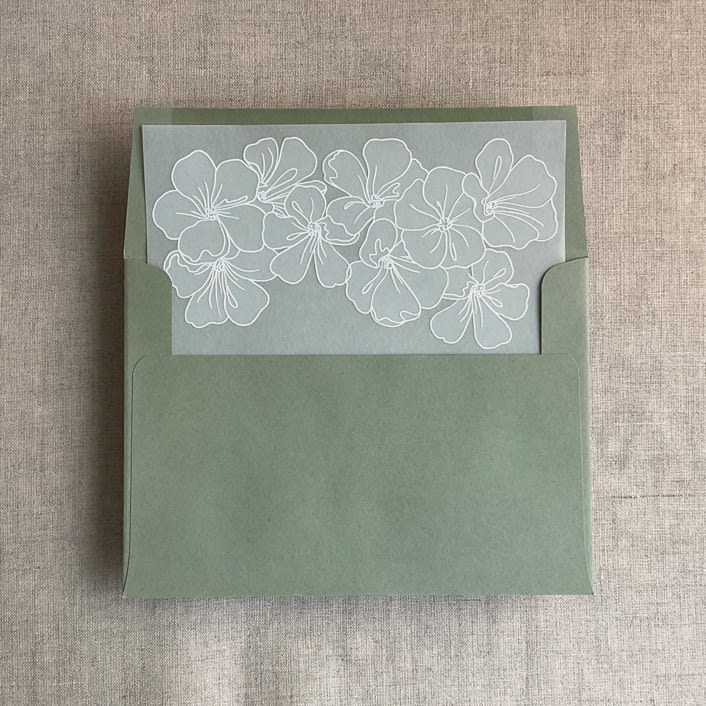 "White camellia floral printed vellum envelope liner for A7 square flap envelope | pack of 10" - Envelope Liners in white by Ivory Invitations