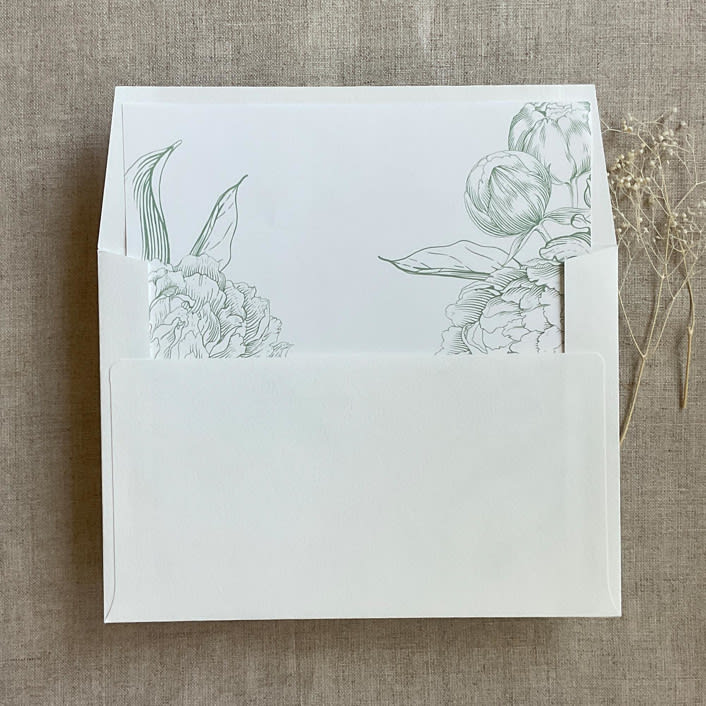 "Sage grand peony floral envelope liner for A7 square flap envelope | pack of 10" - Envelope Liners in green by Ivory Invitations