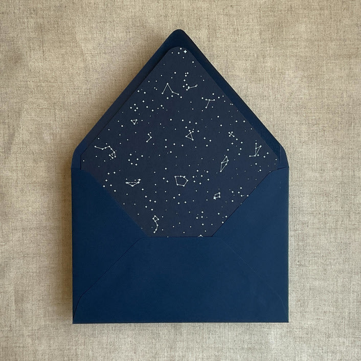 "white ink print Stellar Celestial printed midnight blue envelope liner for A7 square flap envelope" - Envelope Liners in blue by Ivory Invitations