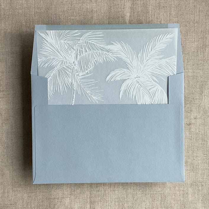 "white ink print palm trees printed vellum envelope liner for A7 square flap envelope" - Envelope Liners in white by Ivory Invitations
