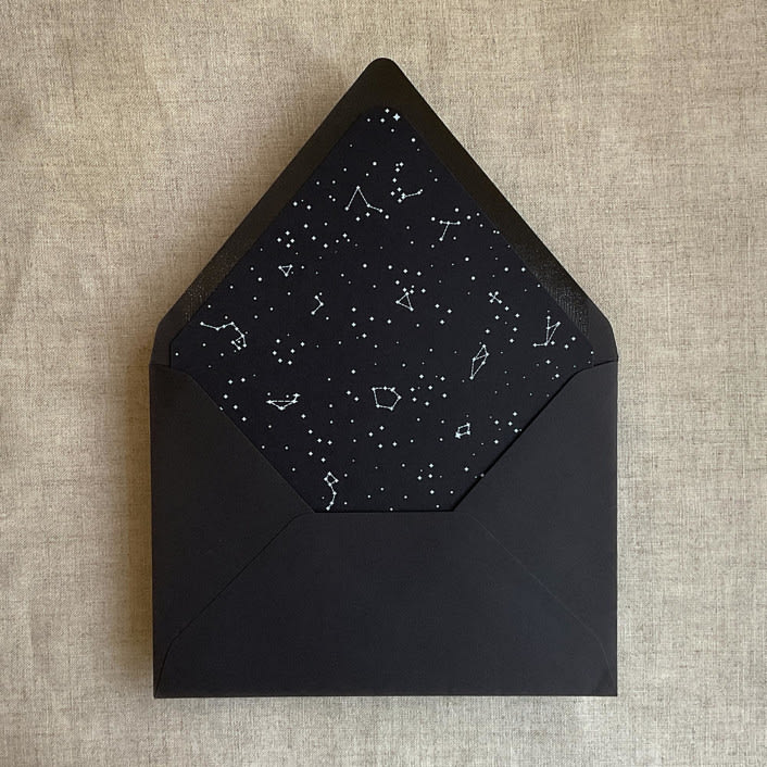 "white ink print Stellar Celestial printed black envelope liner for A7 euro flap envelope" - Envelope Liners in black by Ivory Invitations