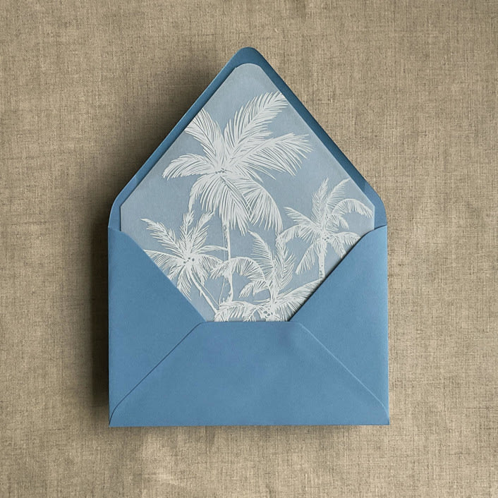 "white ink print palm trees printed vellum envelope liner for A7 euro flap envelope" - Envelope Liners in white by Ivory Invitations