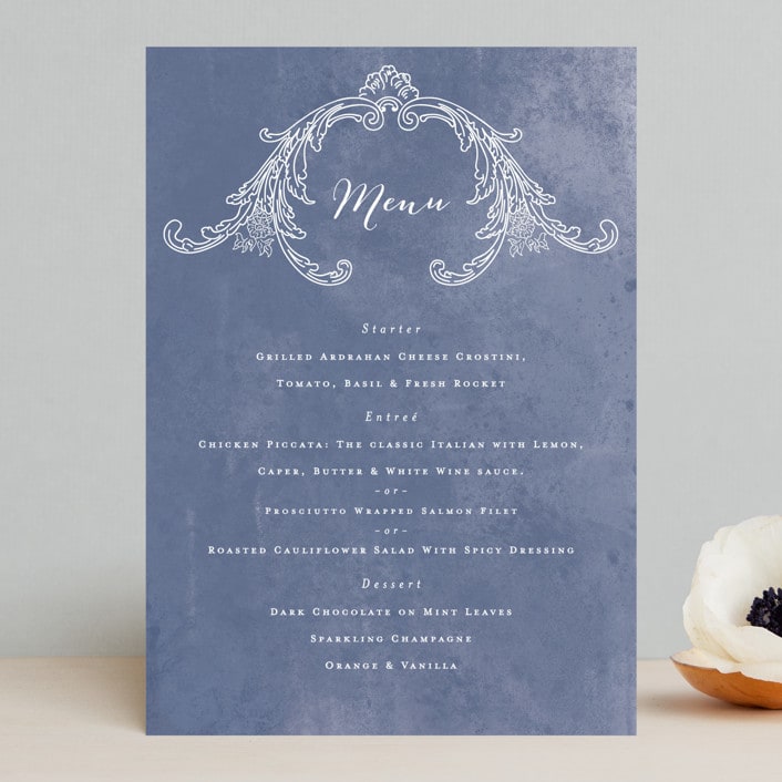 "Ornate" - Menus in Indigo by Nazia Hyder - Front