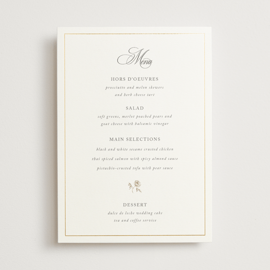 "Here With You" - Foil-Pressed Menus in Classic Bride by Design Lotus - Front
